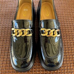 Black and Gold Patent Leather Slip-On Loafers